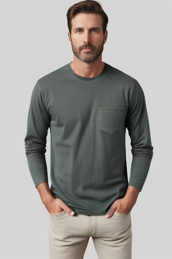 5330PKAW | Adult 5.3 Ounces Single Jersey Acid Wash Pocket Long Sleeve Crew Neck T-Shirt